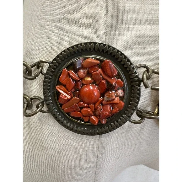 Medallion Chain Concho Belt Womens OS Red Faux Coral Antique Brass Boho Style - Picture 3 of 14